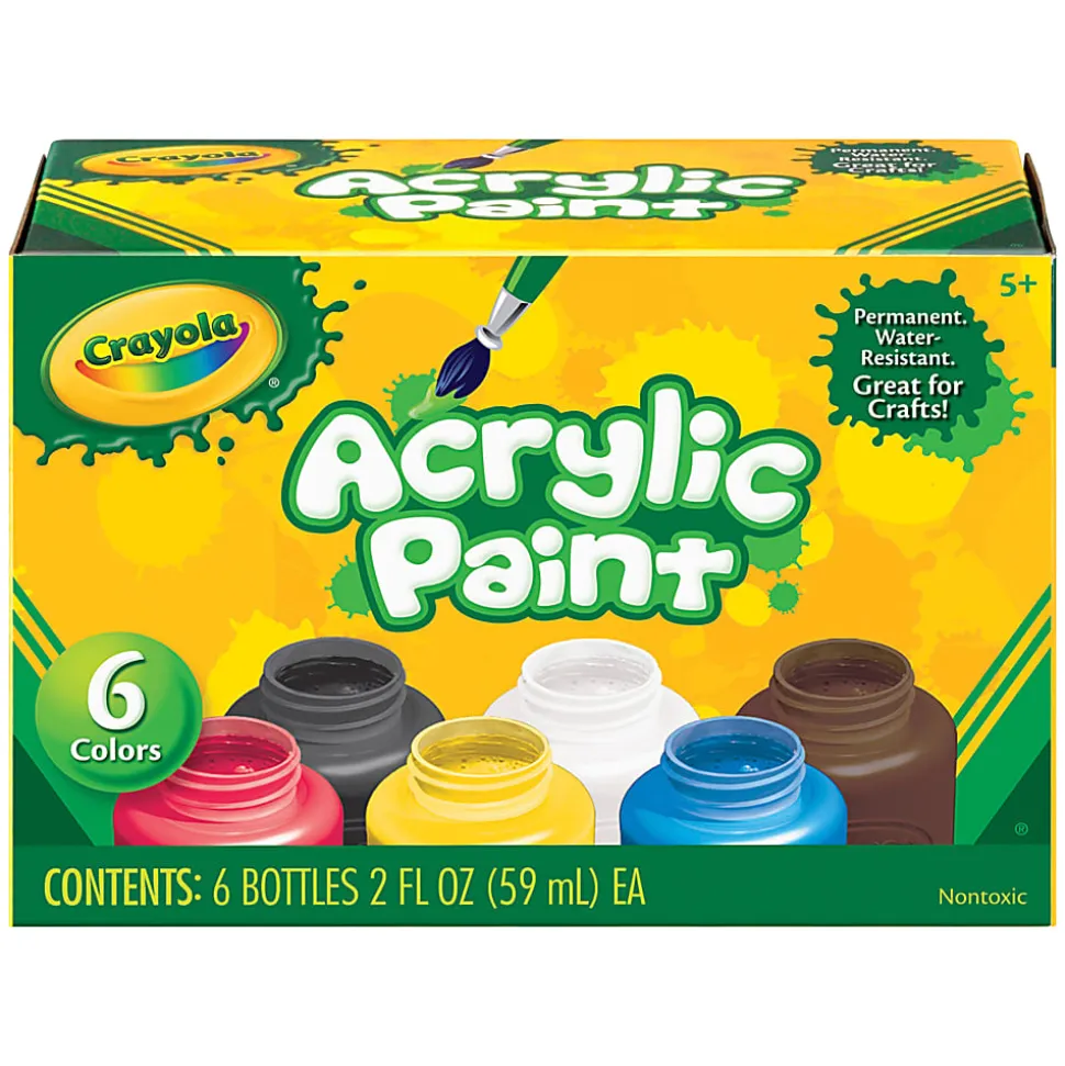 Crayola 6-color Acrylic Paint Set - 2 oz - 6 / Set - Deep Red, Brilliant Yellow, Burnt Umber, Ivory Black, Titanium White, Brilliant Blue