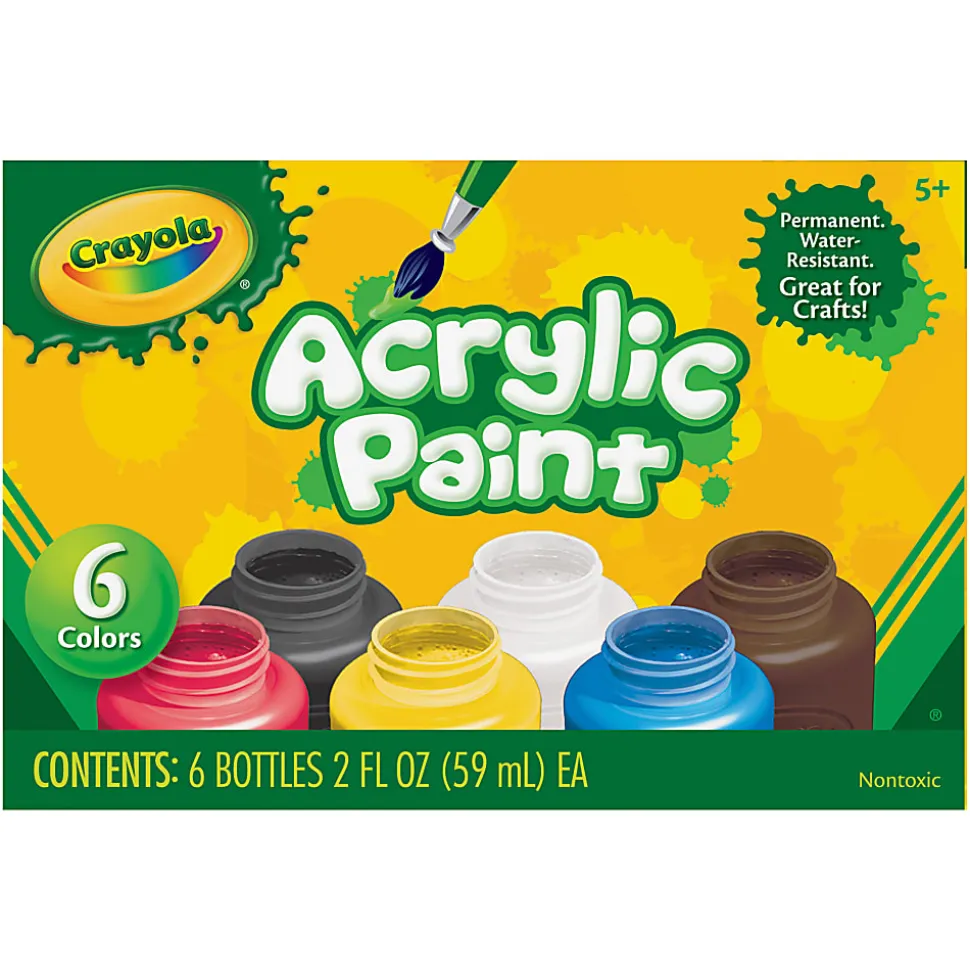 Crayola 6-color Acrylic Paint Set - 2 oz - 6 / Set - Deep Red, Brilliant Yellow, Burnt Umber, Ivory Black, Titanium White, Brilliant Blue