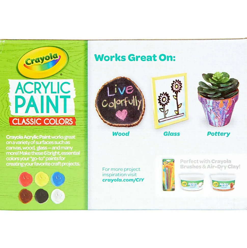 Crayola 6-color Acrylic Paint Set - 2 oz - 6 / Set - Deep Red, Brilliant Yellow, Burnt Umber, Ivory Black, Titanium White, Brilliant Blue