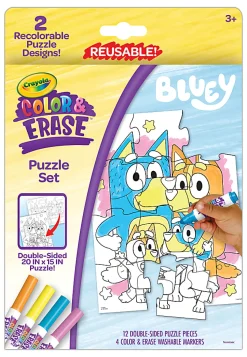 Crayola Color & Erase Bluey Puzzle Set, 12 Color In Puzzle Pieces, Reusable, Double Sided Kids Puzzle, Bluey Gift for Kids, 3+