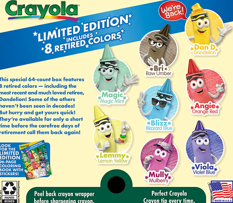 Crayola 64 Count Crayons, With 8 Retired Crayola Crayon Colors, Coloring Set, Gift for Kids Ages 3 & Up
