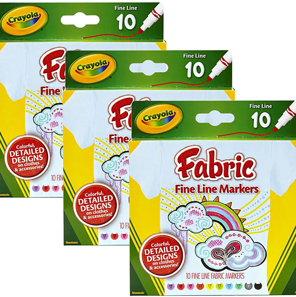 Crayola® Fine Line Fabric Markers, Assorted Colors, 10 Markers Per Box, Set Of 3 Boxes