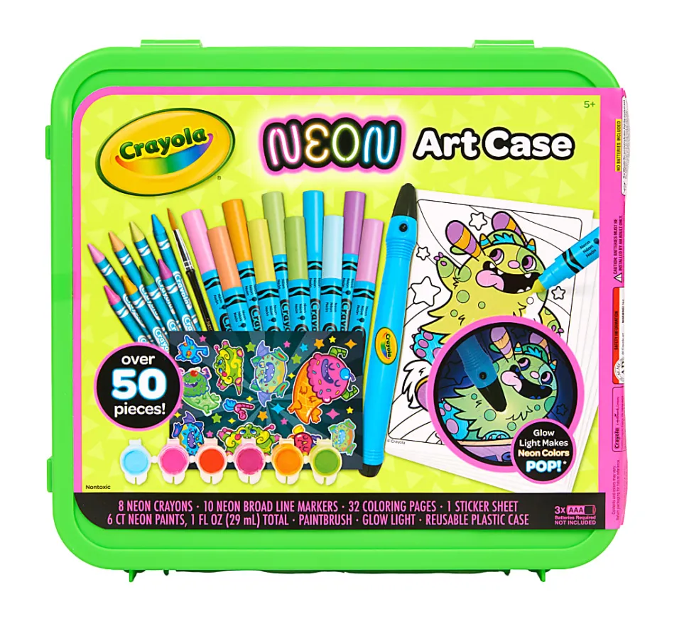 Crayola Neon Art Case (50+pcs), Neon Paint, Neon Markers & Crayons, Kids Glow in the Dark Art Set, Gifts for Boys & Girls, 5+