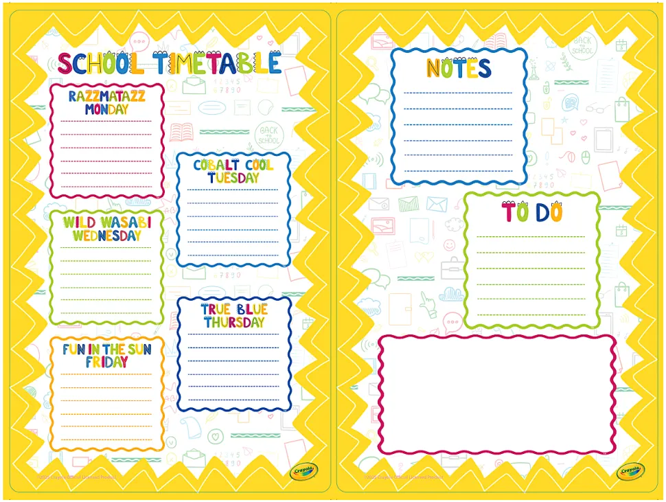 Crayola Peel & Stick Dry-Erase Decals, School Timetable + Memo Sheet, 17-1/2" x 23-1/2", Set Of 2 Decals