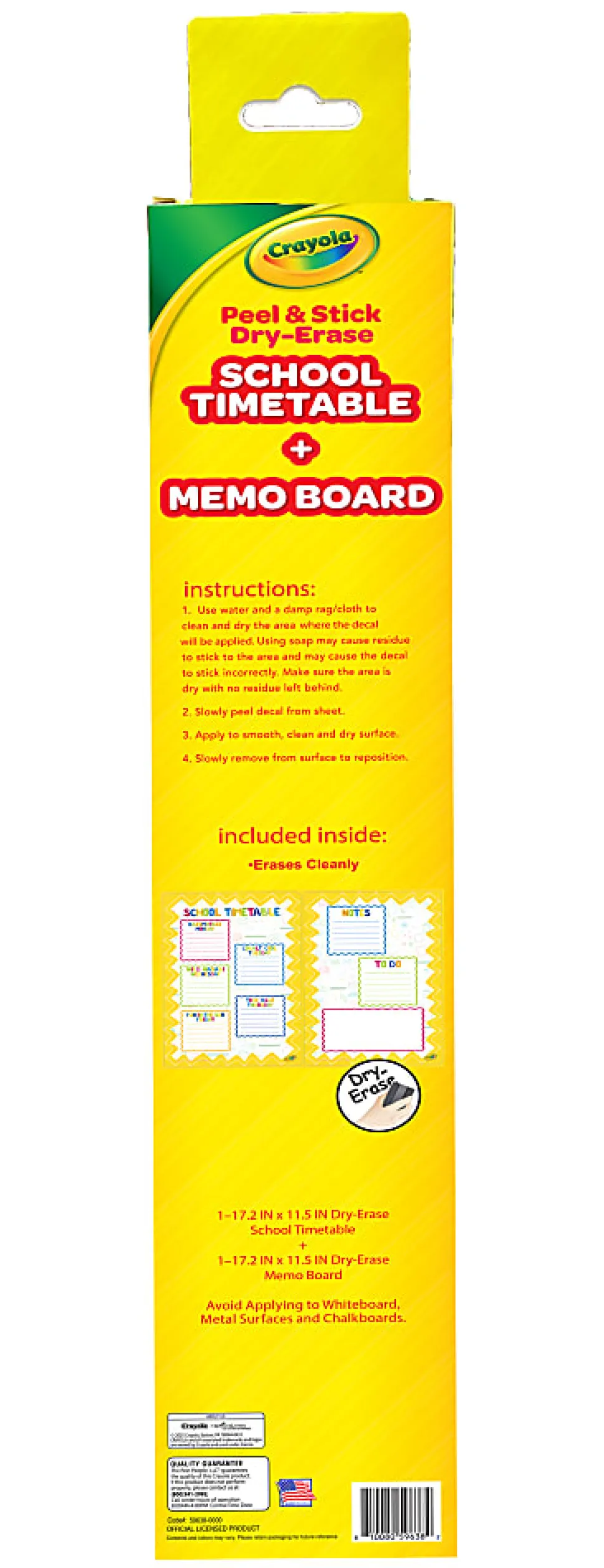 Crayola Peel & Stick Dry-Erase Decals, School Timetable + Memo Sheet, 17-1/2" x 23-1/2", Set Of 2 Decals