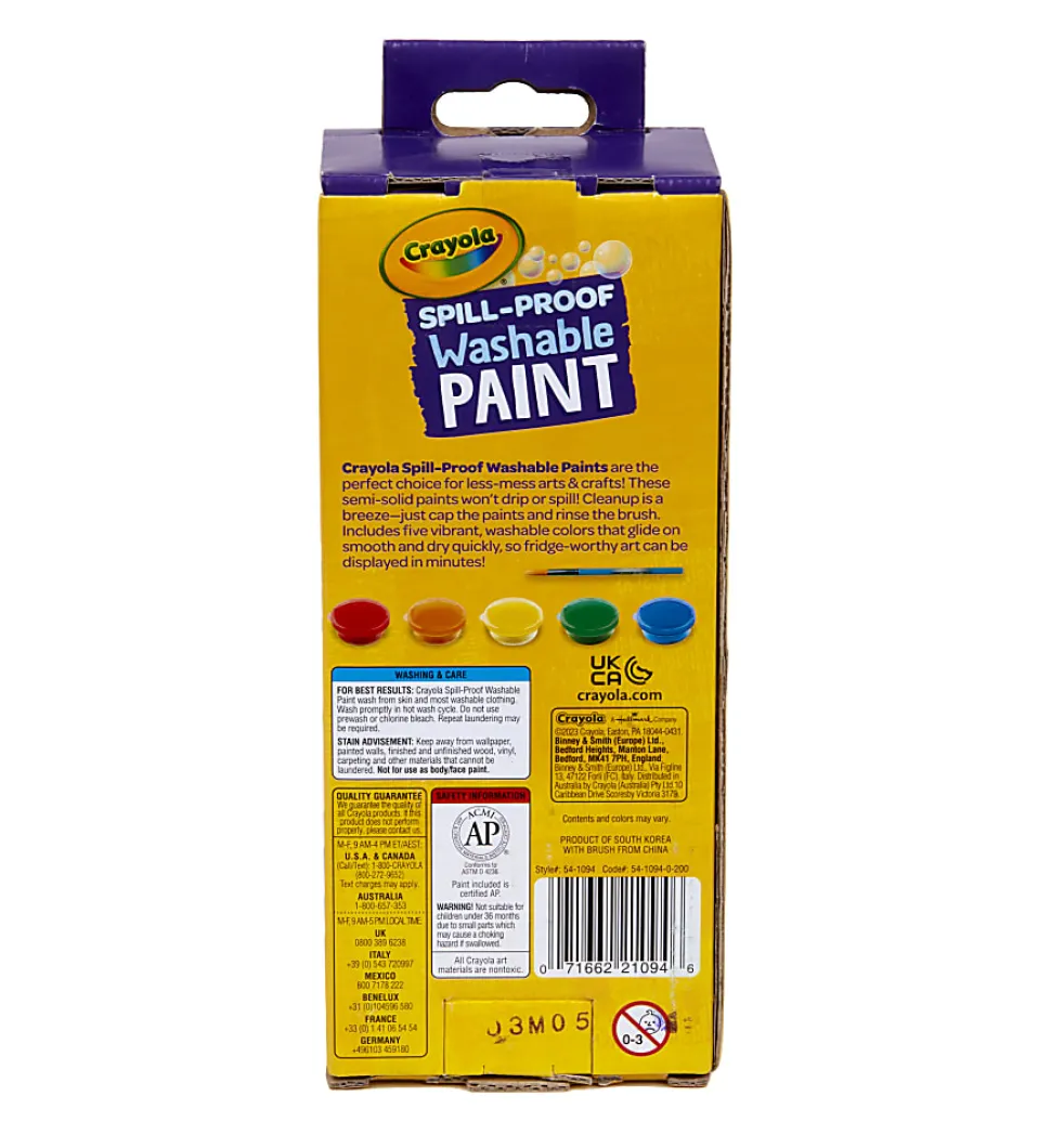 Crayola Spill Proof Washable Paint 5CT SET W/Brush Assorted Colors
