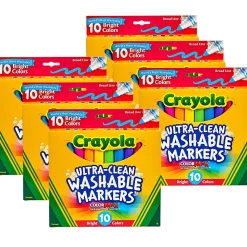 Crayola Ultra-Clean Markers, Broad Tip, Assorted Colors, 10 Markers Per Pack, Set Of 6 Packs