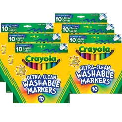 Crayola Ultra-Clean Markers, Pack Of 6 Boxes, Broad Line, Classic Colors, 10 Markers Per Box