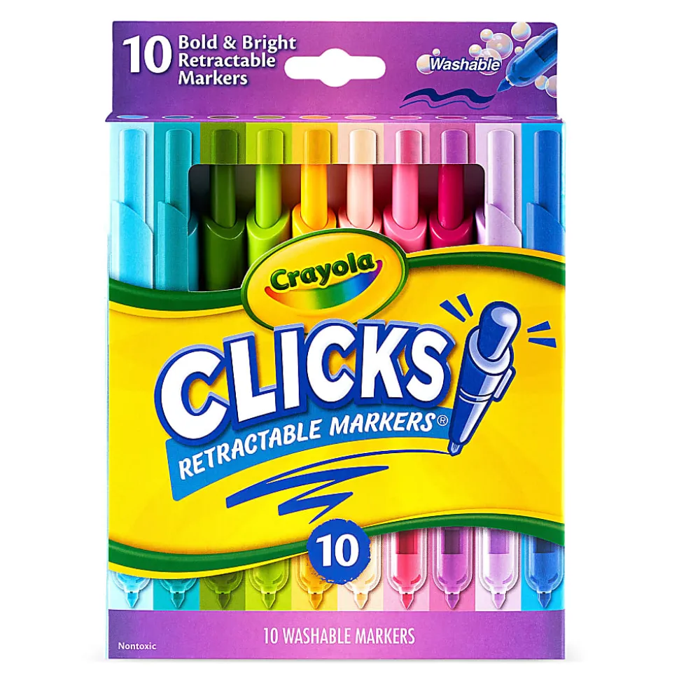 Crayola Washable CLICKS Retractable Markers, Conical Point, Bold/Bright Colors, Pack Of 10 Markers