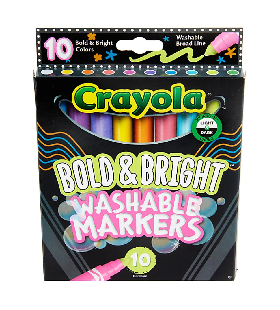 Crayola® Washable Markers, Pack Of 10 Markers, Broad Line, Bold & Bright Colors