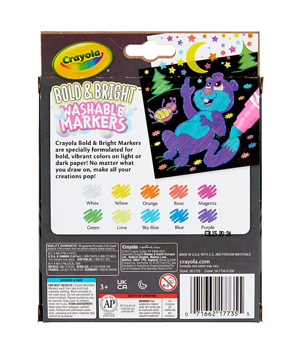 Crayola® Washable Markers, Pack Of 10 Markers, Broad Line, Bold & Bright Colors