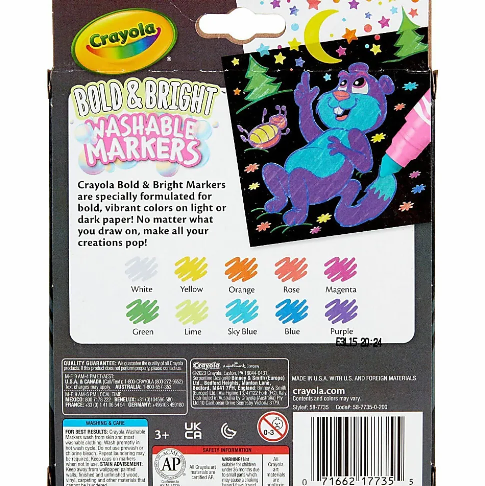 Crayola® Washable Markers, Pack Of 10 Markers, Broad Line, Bold & Bright Colors