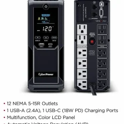 CyberPower BRG1500AVRLCD2 Intelligent LCD UPS Systems - 1500VA/900W, 57 - 120 VAC, NEMA 5-15P, Mini-Tower, 12 Outlets, LCD, $500000 CEG, 5YR Warranty