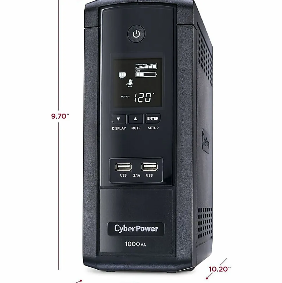 CyberPower BRG1000AVRLCD Intelligent LCD UPS Systems - 1000VA/600W, 120 VAC, NEMA 5-15P, Mini-Tower, 10 Outlets, PowerPanel® Personal - BRG1000AVRLCD