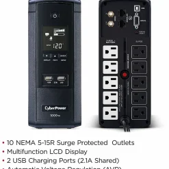 CyberPower BRG1000AVRLCD Intelligent LCD UPS Systems - 1000VA/600W, 120 VAC, NEMA 5-15P, Mini-Tower, 10 Outlets, PowerPanel® Personal - BRG1000AVRLCD