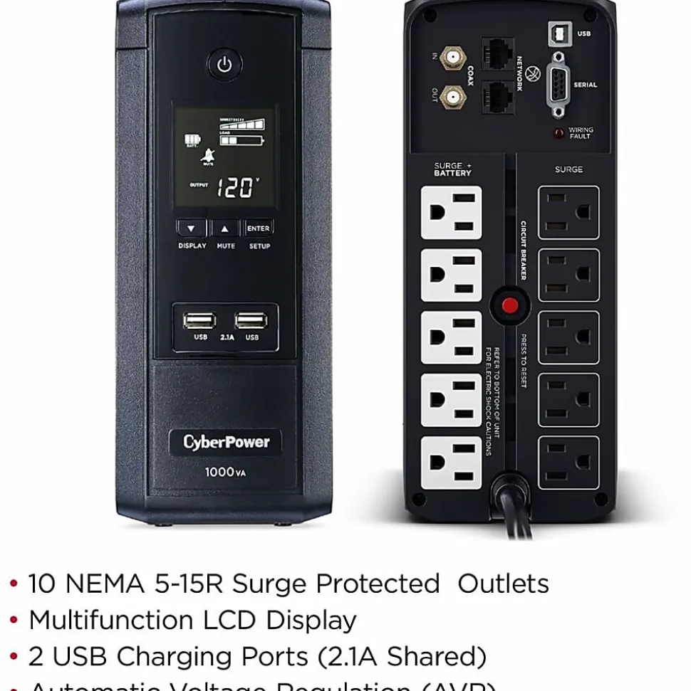 CyberPower BRG1000AVRLCD Intelligent LCD UPS Systems - 1000VA/600W, 120 VAC, NEMA 5-15P, Mini-Tower, 10 Outlets, PowerPanel® Personal - BRG1000AVRLCD