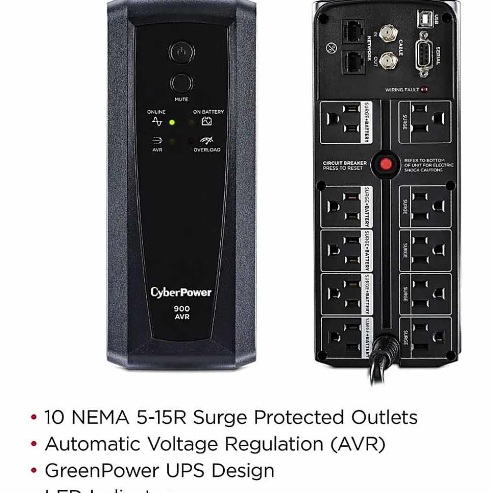 CyberPower CP900AVR AVR UPS Systems - 900VA/560W, 120 VAC, NEMA 5-15P, Mini-Tower, 10 Outlets, PowerPanel® Personal, $300000 CEG, 3YR Warranty