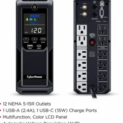 CyberPower CP1350AVRLCD3 Intelligent LCD UPS Systems - 1350VA/815W, 120 VAC, NEMA 5-15P, Mini-Tower, 12 Outlets, LCD, $500000 CEG, 3YR Warranty
