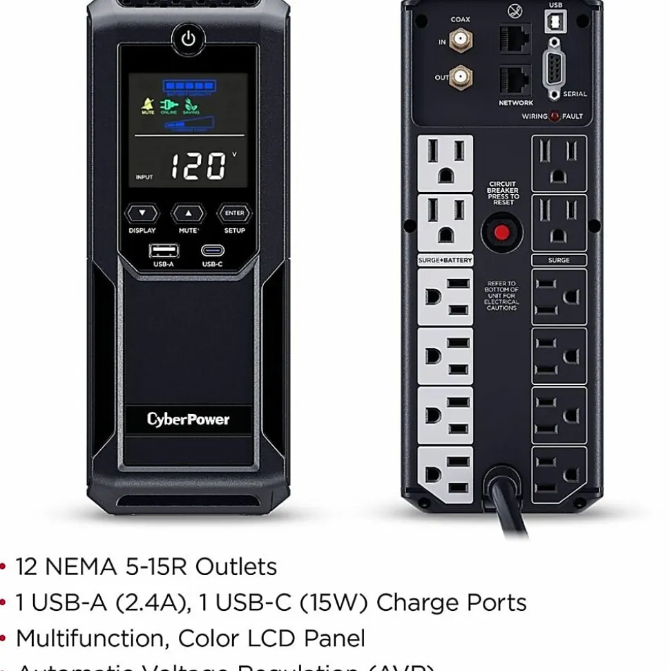CyberPower CP1350AVRLCD3 Intelligent LCD UPS Systems - 1350VA/815W, 120 VAC, NEMA 5-15P, Mini-Tower, 12 Outlets, LCD, $500000 CEG, 3YR Warranty