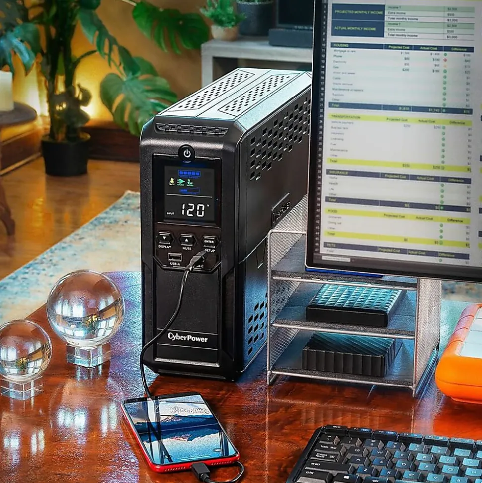 CyberPower CP1350AVRLCD3 Intelligent LCD UPS Systems - 1350VA/815W, 120 VAC, NEMA 5-15P, Mini-Tower, 12 Outlets, LCD, $500000 CEG, 3YR Warranty