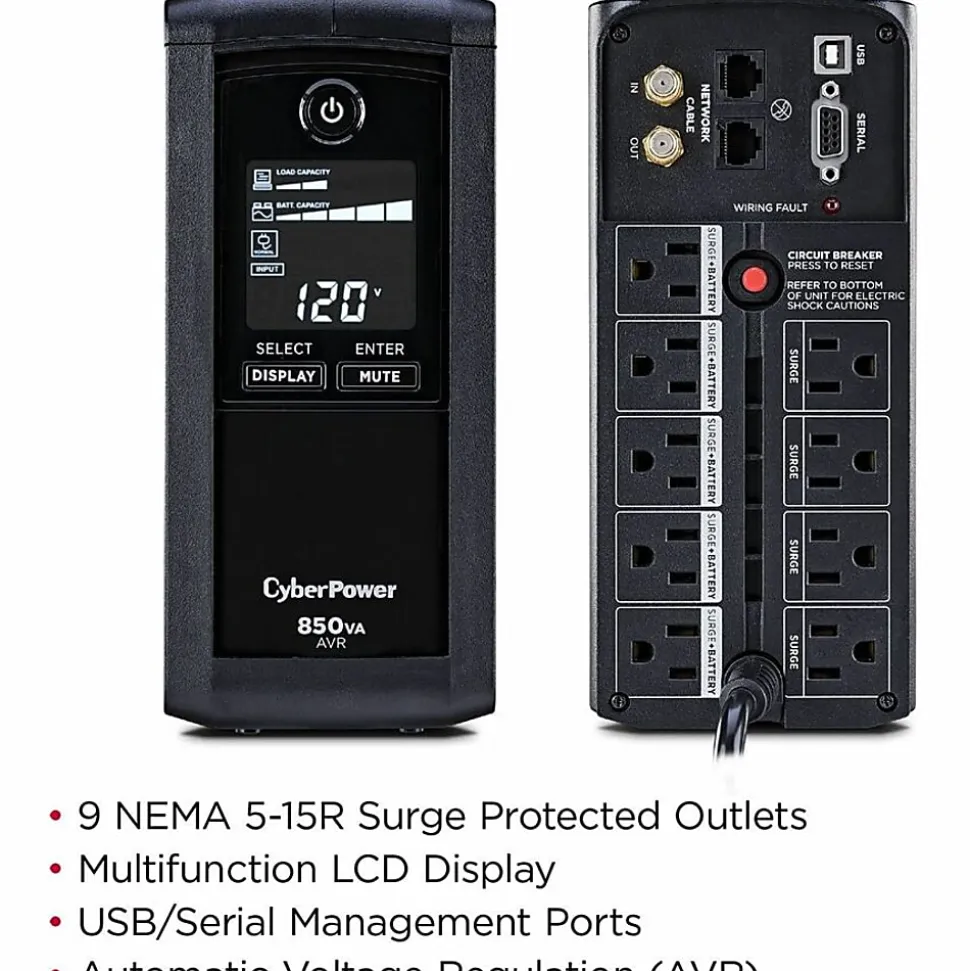 CyberPower® CP850AVRLCD Uninterruptible Power Supply, 9 Outlets, 850VA/510 Watt