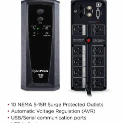 CyberPower CP1500AVRT AVR UPS Systems - 1500VA/900W, 120 VAC, NEMA 5-15P, Mini-Tower, 10 Outlets, PowerPanel® Personal, $500000 CEG, 3YR Warranty