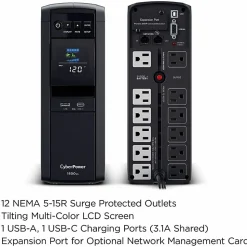 CyberPower CP1500PFCLCD UPS 1500VA 1000W PFC compatible Pure sine wave - 1500VA/900W - Tower - 2 Minute Full Load - 10 x NEMA 5-15R