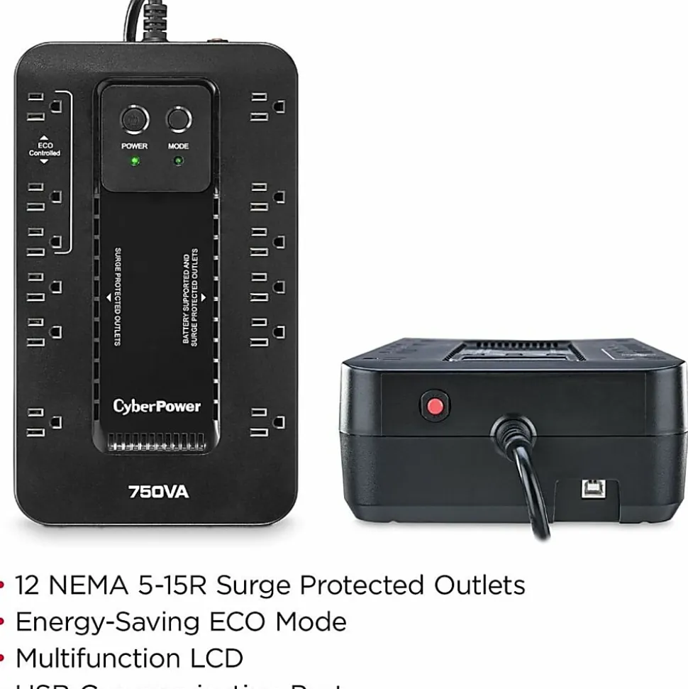 CyberPower EC750G Ecologic UPS Systems - 750VA/450W, 120 VAC, NEMA 5-15P, Compact, 12 Outlets, PowerPanel® Personal, $100000 CEG, 3YR Warranty