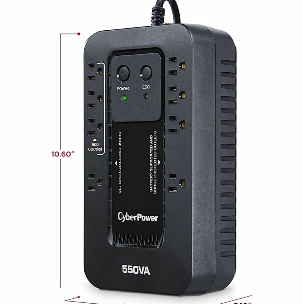 CyberPower EC550G Ecologic UPS Systems - 550VA/330W, 120 VAC, NEMA 5-15P, Compact, 8 Outlets, PowerPanel® Personal, $100000 CEG, 3YR Warranty