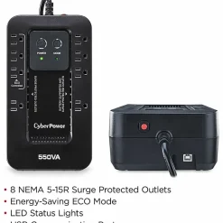 CyberPower EC550G Ecologic UPS Systems - 550VA/330W, 120 VAC, NEMA 5-15P, Compact, 8 Outlets, PowerPanel® Personal, $100000 CEG, 3YR Warranty