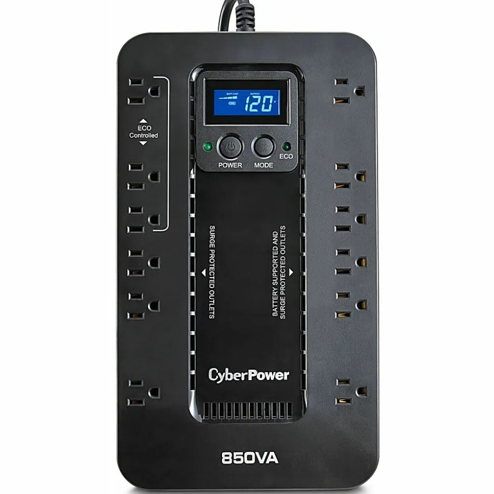 CyberPower EC850LCD Ecologic UPS Systems - 850VA/510W, 120 VAC, NEMA 5-15P, Compact, 12 Outlets, LCD, PowerPanel® Personal, $100000 CEG, 3YR Warranty