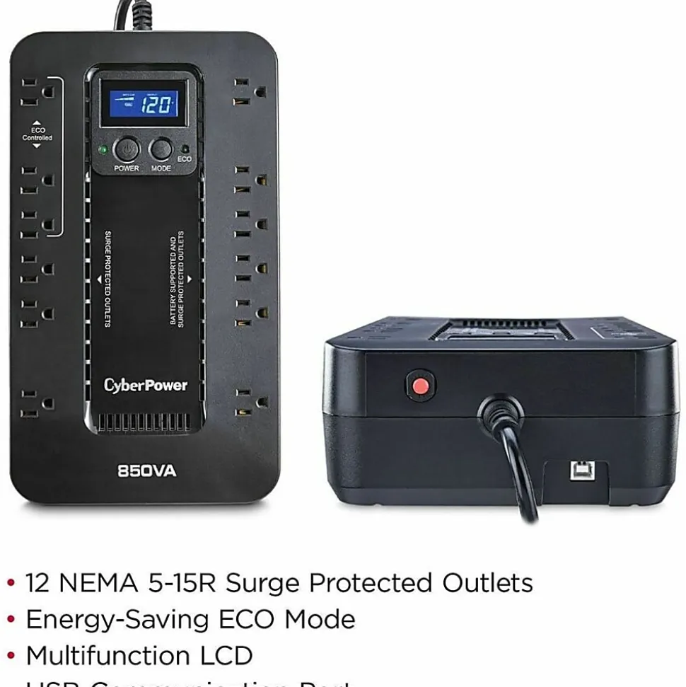 CyberPower EC850LCD Ecologic UPS Systems - 850VA/510W, 120 VAC, NEMA 5-15P, Compact, 12 Outlets, LCD, PowerPanel® Personal, $100000 CEG, 3YR Warranty