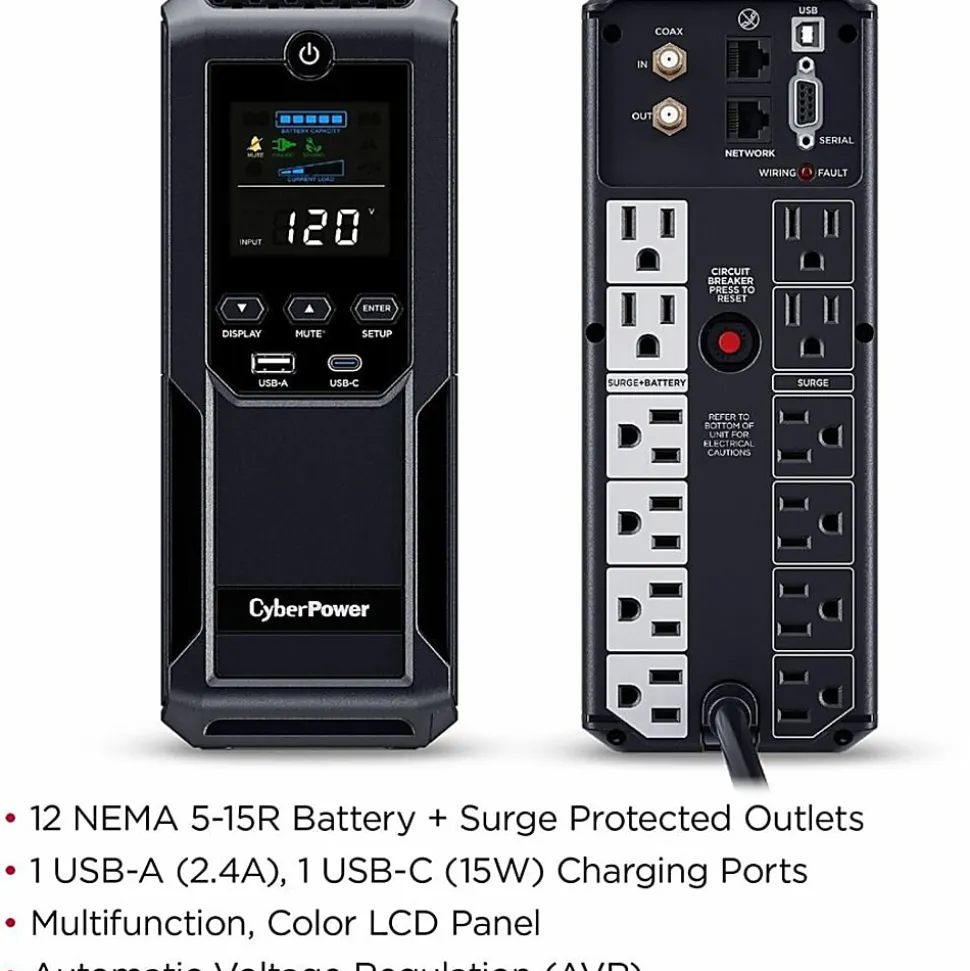 CyberPower Intelligent LCD CP1500AVRLCD3 1500VA Mini-tower UPS - Mini-tower - AVR - 8 Hour Recharge - CP1500AVRLCD3