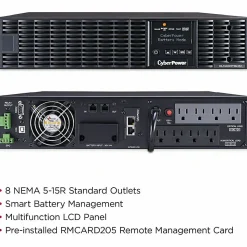 CyberPower OL1500RTXL2UN Smart App Online UPS Systems - 1500VA/1350W, 100 - 125 VAC, NEMA 5-15P, 2U, Rack/Tower, 8 Outlets, LCD- OL1500RTXL2UN