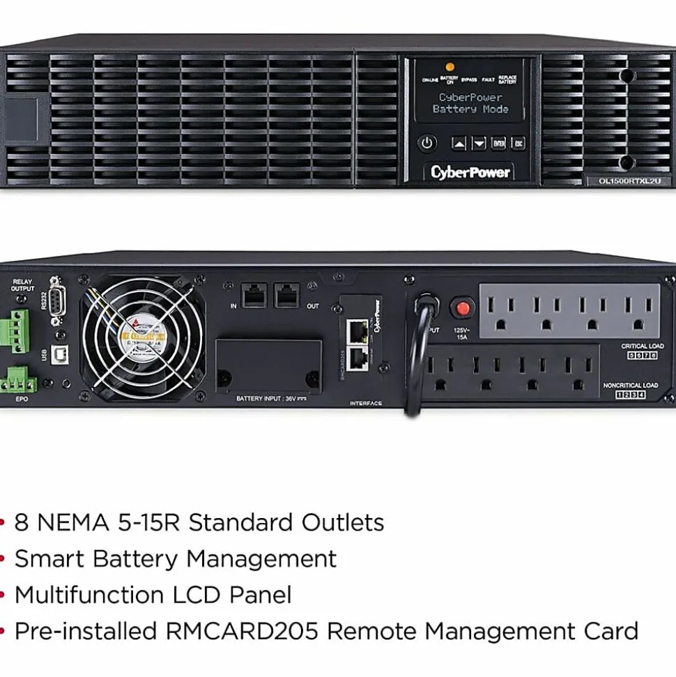 CyberPower OL1500RTXL2UN Smart App Online UPS Systems - 1500VA/1350W, 100 - 125 VAC, NEMA 5-15P, 2U, Rack/Tower, 8 Outlets, LCD- OL1500RTXL2UN