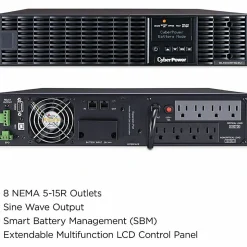 CyberPower OL1500RTXL2U Smart App Online UPS Systems - 1500VA/1350W, 100 - 125 VAC, NEMA 5-15P, 2U, Rack/Tower, 8 Outlets, LCD- OL1500RTXL2U