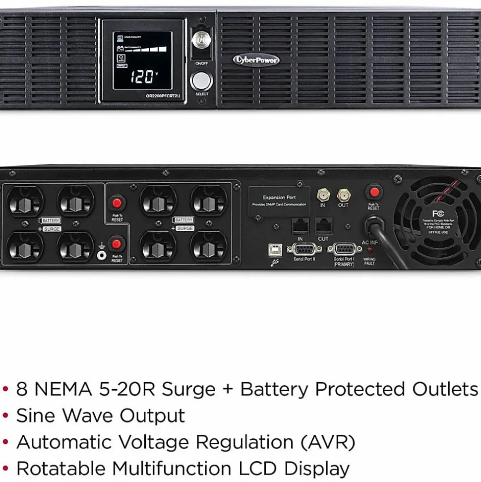CyberPower OR2200PFCRT2U PFC Sinewave UPS Systems - 2000VA/1540W, 120 VAC, NEMA 5-20P, 2U, Rack/Tower, Sine Wave, 8 Outlets, LCD- OR2200PFCRT2U