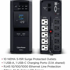 CyberPower PFC SineWave Series CP1000PFCLCD 10-Outlet Uninterruptible Power Supply, 1,000VA/600 Watts