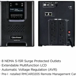 CyberPower PR1500LCDN Smart App Sinewave UPS Systems - 1500VA/1500W, 120 VAC, NEMA 5-15P, Mini-Tower, Sine Wave, 8 Outlets, LCD- PR1500LCDN