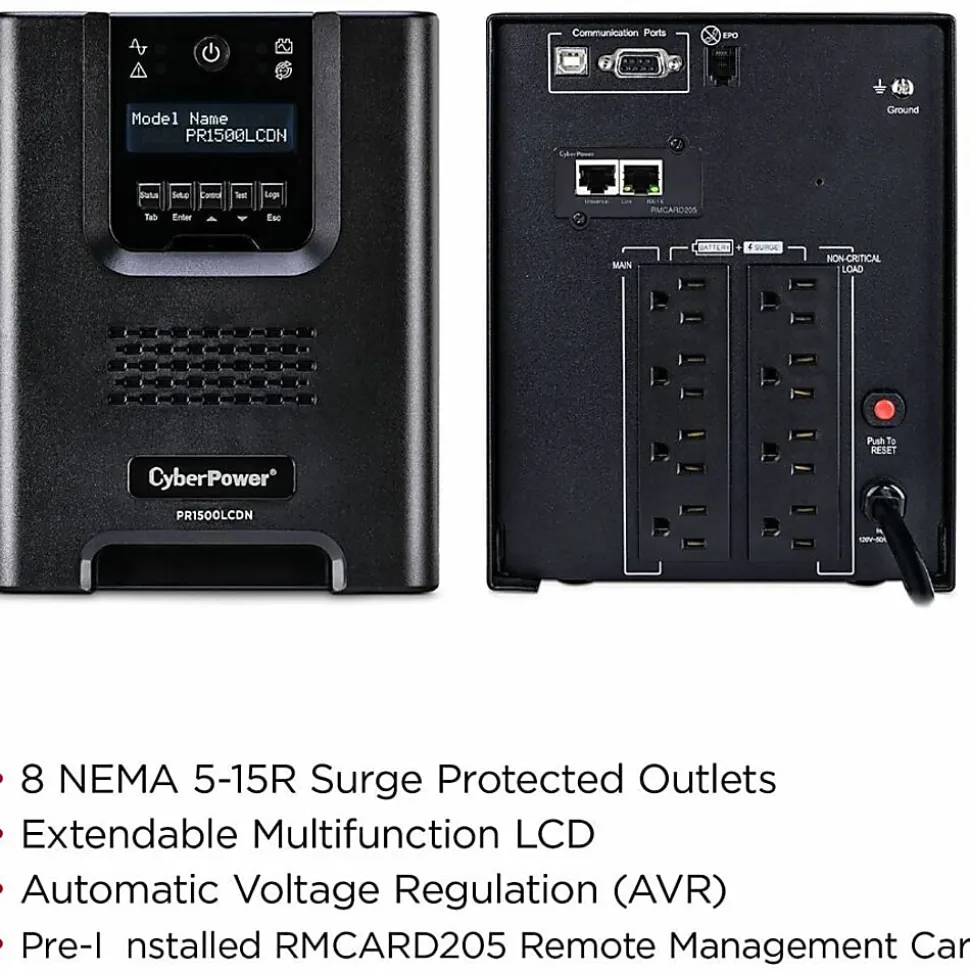 CyberPower PR1500LCDN Smart App Sinewave UPS Systems - 1500VA/1500W, 120 VAC, NEMA 5-15P, Mini-Tower, Sine Wave, 8 Outlets, LCD- PR1500LCDN