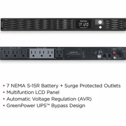 CyberPower PR500LCDRT1U Smart App Sinewave UPS Systems - 500VA/400W, 120 VAC, NEMA 5-15P, 1U, Rack/Tower, Sine Wave, 7 Outlets, LCD- PR500LCDRT1U