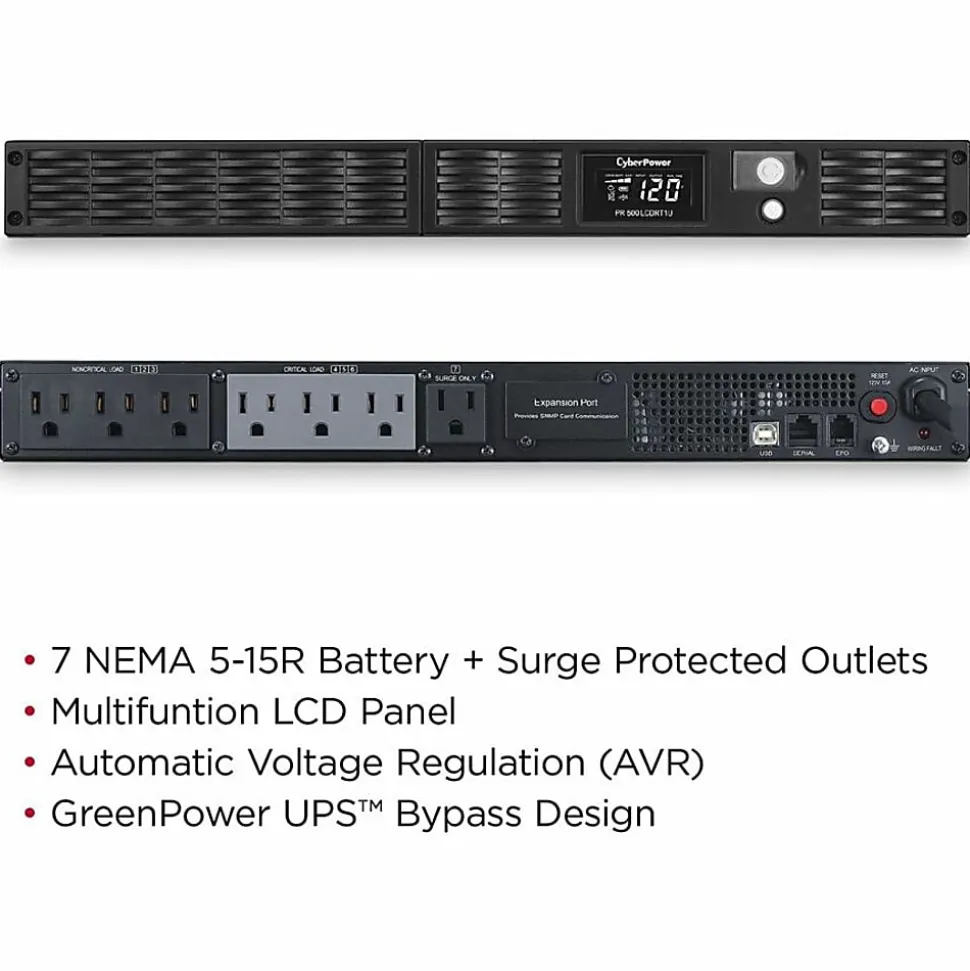 CyberPower PR500LCDRT1U Smart App Sinewave UPS Systems - 500VA/400W, 120 VAC, NEMA 5-15P, 1U, Rack/Tower, Sine Wave, 7 Outlets, LCD- PR500LCDRT1U