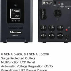 CyberPower PR2200LCDSL Smart App Sinewave UPS Systems - 2070VA/1980W, 120 VAC, NEMA 5-20P, Mini-Tower, Sine Wave, 7 Outlets, LCD- PR2200LCDSL