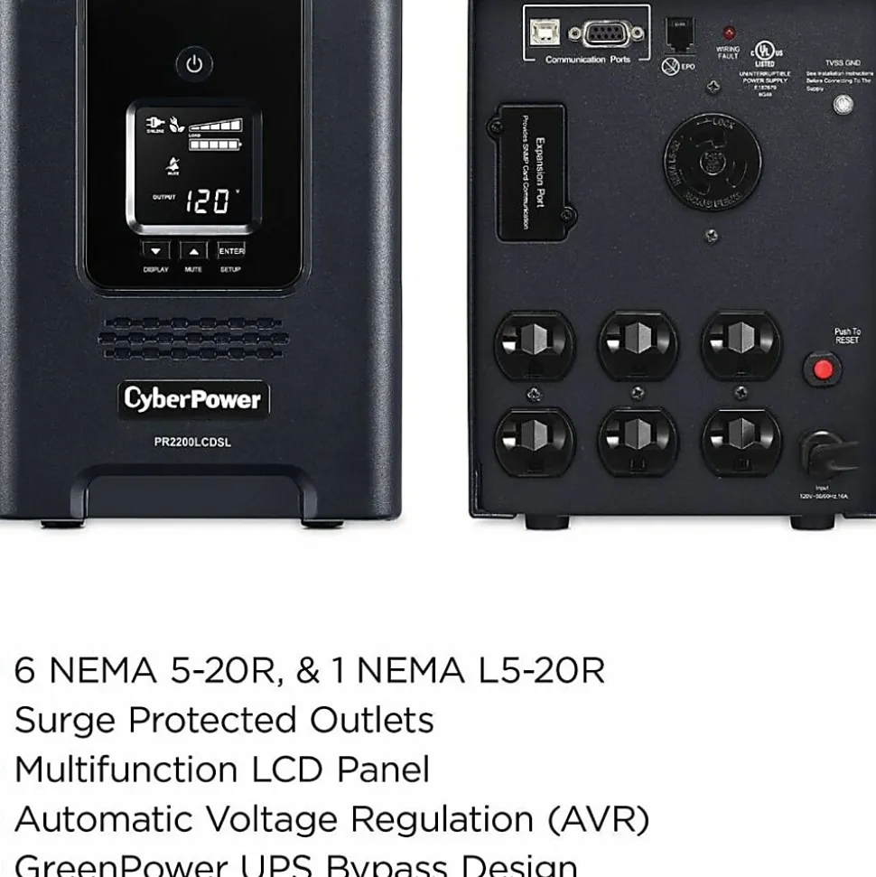 CyberPower PR2200LCDSL Smart App Sinewave UPS Systems - 2070VA/1980W, 120 VAC, NEMA 5-20P, Mini-Tower, Sine Wave, 7 Outlets, LCD- PR2200LCDSL