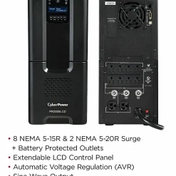 CyberPower PR3000LCD Smart App Sinewave UPS Systems - 3000VA/2700W, 120 VAC, NEMA L5-30P, Tower, Sine Wave, 10 Outlets, LCD, $375000 CEG- PR3000LCD