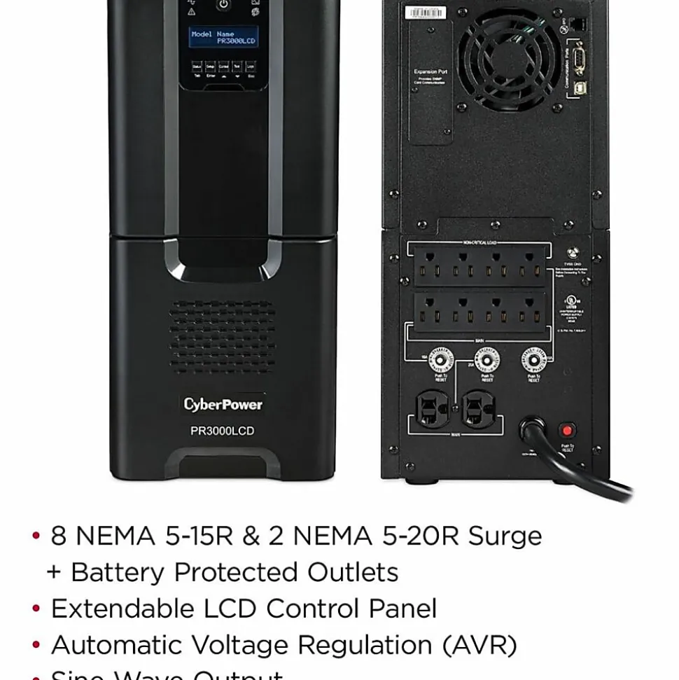 CyberPower PR3000LCD Smart App Sinewave UPS Systems - 3000VA/2700W, 120 VAC, NEMA L5-30P, Tower, Sine Wave, 10 Outlets, LCD, $375000 CEG- PR3000LCD