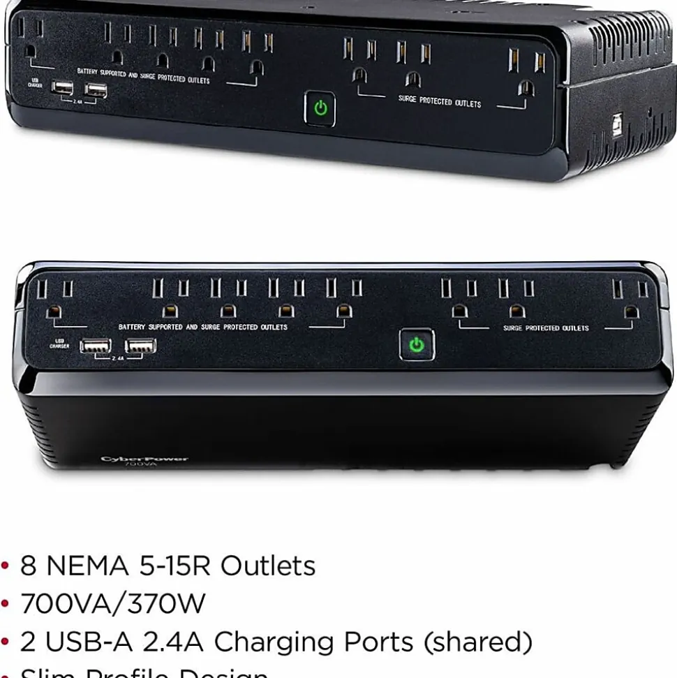CyberPower SL700U Standby UPS Systems - 700VA/370W, 120 VAC, NEMA 5-15P, Compact, 8 Outlets, PowerPanel® Personal, $100000 CEG, 3YR Warranty