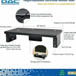 DAC Stax MP-211-Adjustable Ultra-Wide Monitor/Laptop Stand, Black - 66 lb Load Capacity - 4.8"x22"x 10.5" Depth - Plastic - Black -  - 02238
