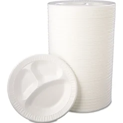 Dart® Quiet Class Laminated Foam Dinnerware, 3-Compartment Plate, 10.25" dia, White, 125/Pack, 4 Packs/CT