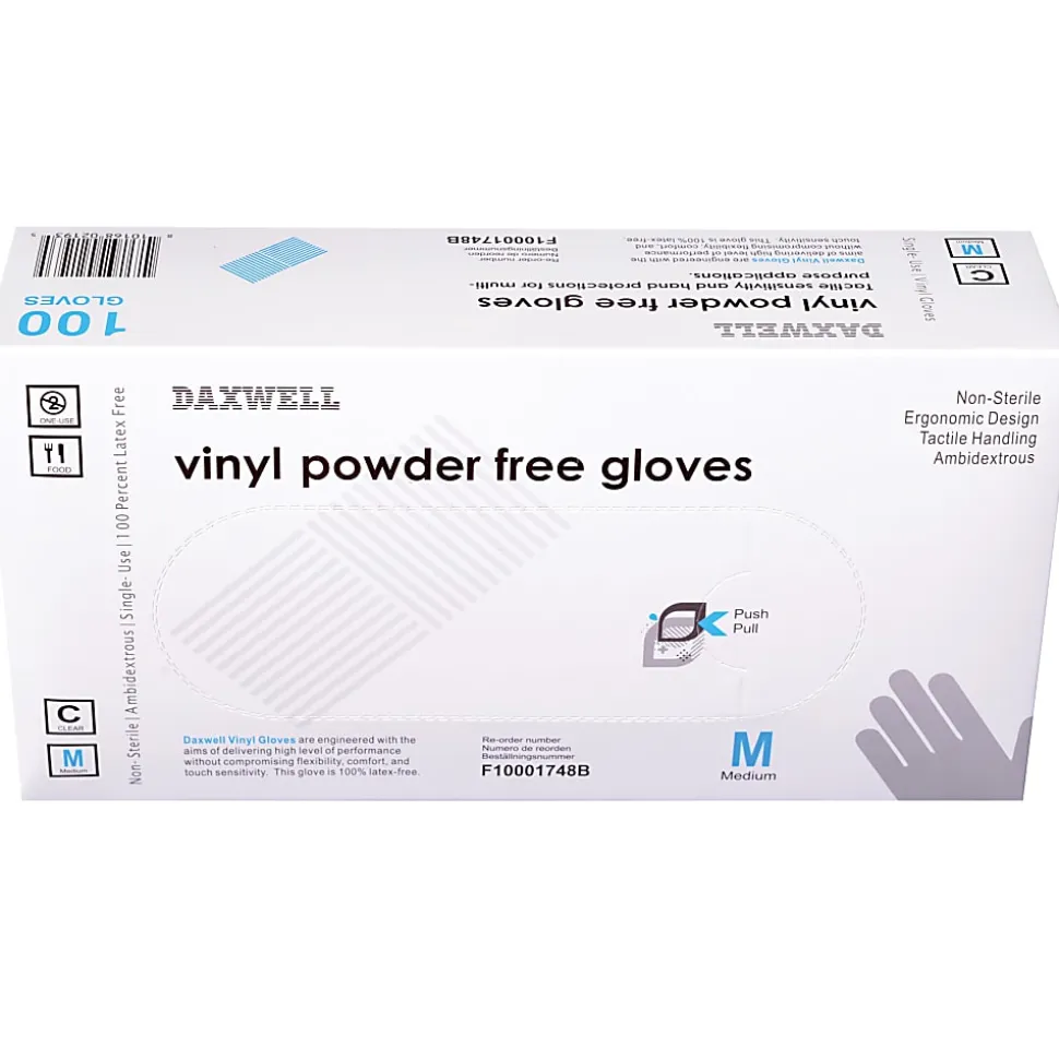 Daxwell Vinyl Gloves, Medium, Clear, 100 Gloves Per Pack, Box Of 10 Packs